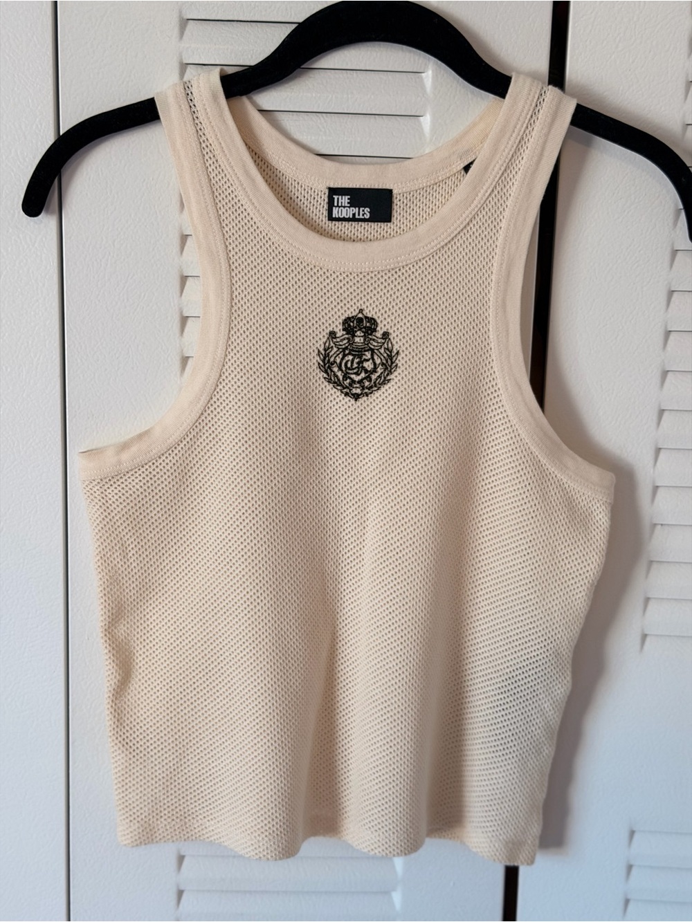 The Kooples Cream Mesh Tank Top with Embroidered Crest
